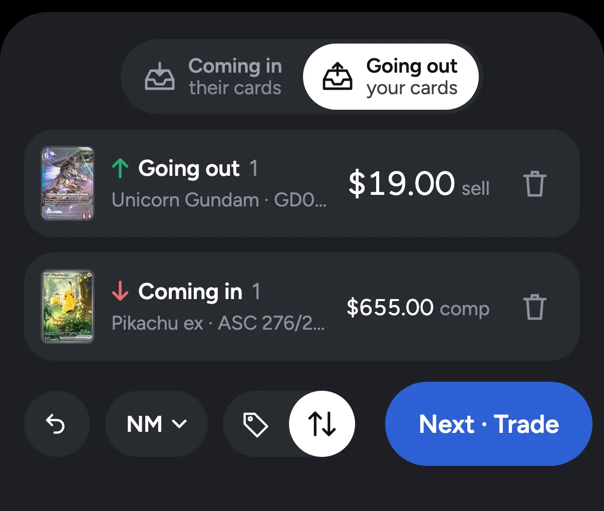 Margin's deal tray: Unicorn Gundam going out at $19.00, Pikachu ex coming in at a $655.00 comp