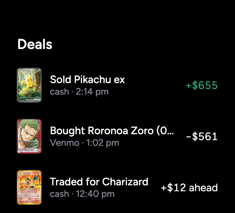 A show's deals in Margin: sold Pikachu ex +$655, bought Roronoa Zoro −$462, traded for Charizard +$12 ahead