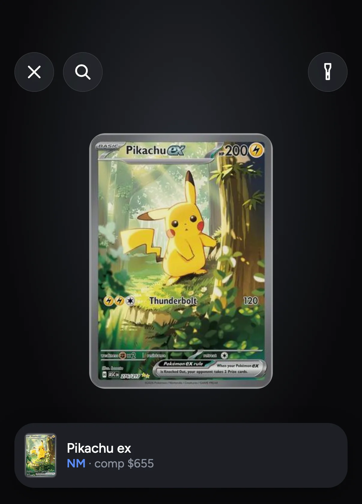 Margin's Price check: Pikachu ex in the camera, near mint, comp $655, buy $420, sell $900