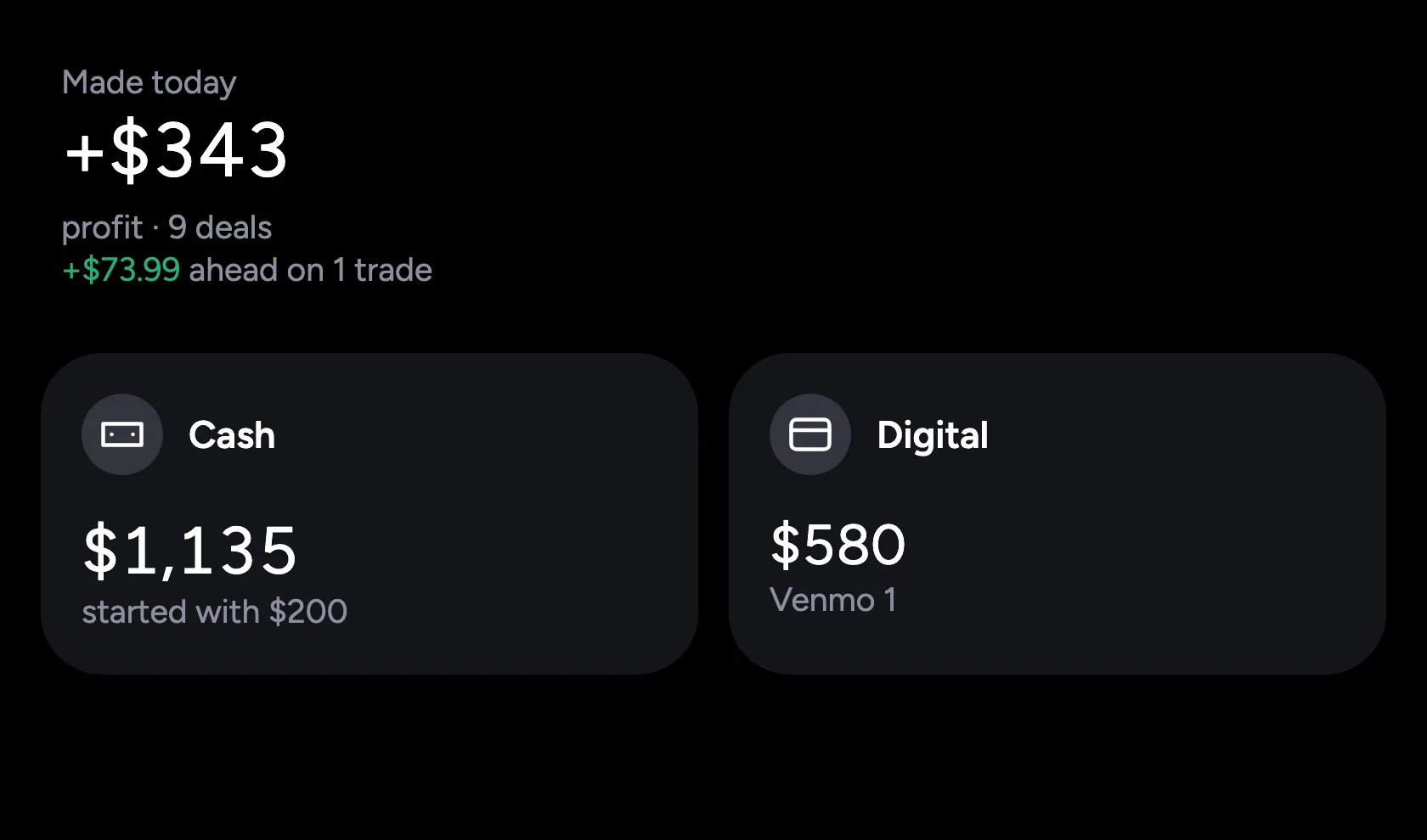The Show tab: made today +$343 on 9 deals, cash $1,135, digital $580