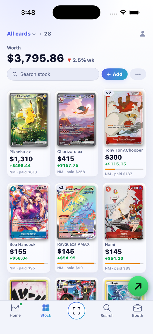 Margin's stock grid, every card priced